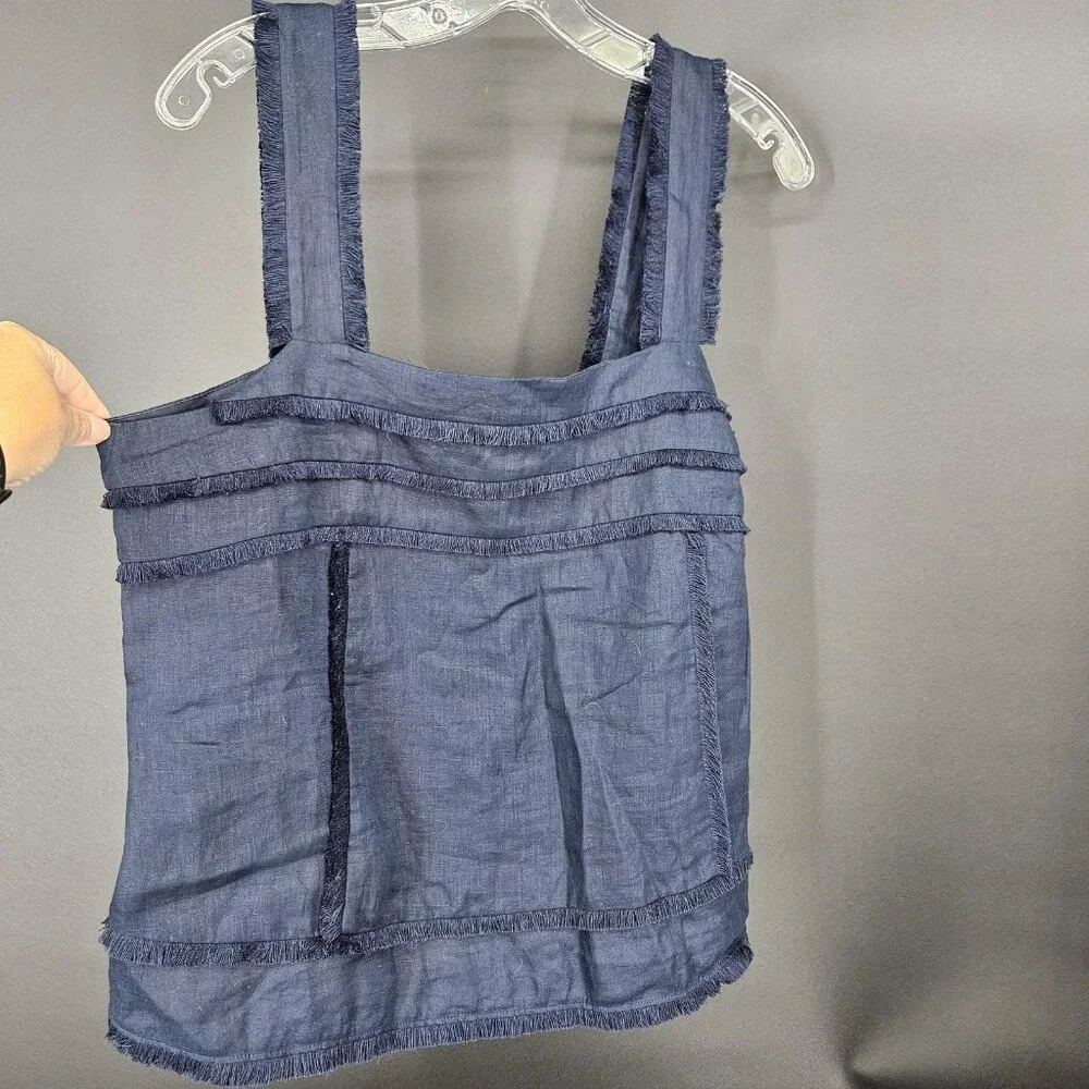 J Crew Tank Top Womens Size Small Blue Linen Fringed Trim Crop Festival Boho - Picture 1 of 9